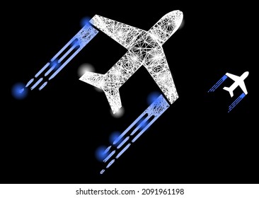 Bright net mesh airplane trail with light spots on a black background. Bright vector mesh created from airplane trail picture, with irregular net and light dots.