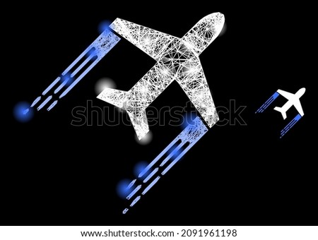 Bright net mesh airplane trail with light spots on a black background. Bright vector mesh created from airplane trail picture, with irregular net and light dots.