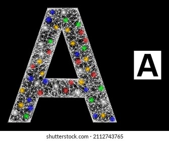 Bright net mesh Alpha Greek symbol with colorful bright dots. Illuminated vector carcass created from Alpha Greek symbol. Sparkle carcass mesh Alpha Greek symbol, on a black backgound.