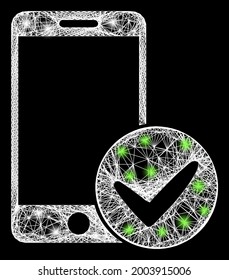 Bright net mesh approved smartphone model with flash nodes. Constellation vector framework created from approved smartphone icon and crossed white lines.