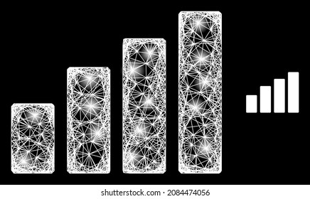 Gráfica de barras de malla de red brillante con puntos de luz sobre un fondo negro. Malla vectorial ligera basada en el icono de gráfico de barras, con malla lineal y puntos de luz.