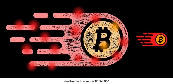 Bright net mesh bitcoin with light spots on a black background. Illuminated vector structure based on bitcoin picture, with hatched mesh and light spots.