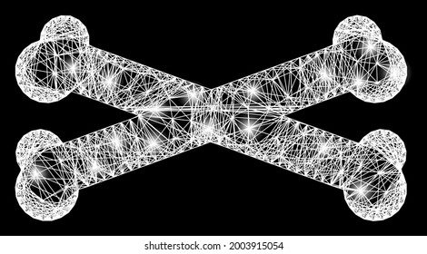 Bright net mesh bones frame with bright dots. Illuminated vector frame created from bones pictogram and crossed white lines. Sparkle constellation wired bones, on a black backgound.