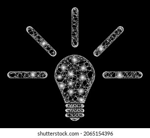 Bright net mesh bulb light with lightspots. Vector carcass based on bulb light icon, and with intersected lines. Sparkle carcass mesh bulb light on a black background.