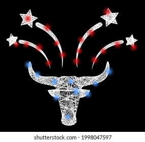Bright net mesh bull fireworks wireframe with light spots. Constellation vector model created from bull fireworks icon and crossing white lines. Sparkle constellation mesh bull fireworks,
