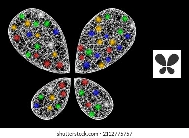 Bright net mesh butterfly with multi colored bright dots. Illuminated vector mesh created from butterfly icon. Sparkle constellation polygonal butterfly, on a black backgound.