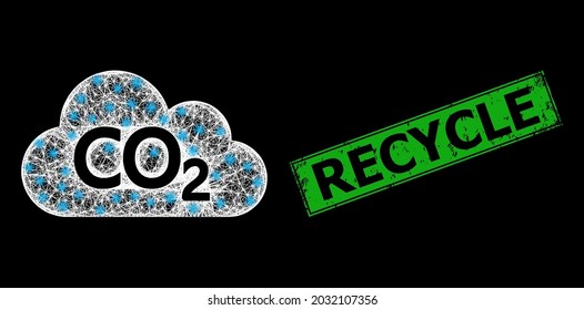 Bright net mesh carbon dioxide cloud frame with bright dots, and green rectangle unclean Recycle stamp. Illuminated vector frame created from carbon dioxide cloud symbol and crossing white lines.