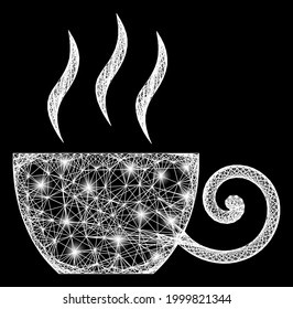 Bright net mesh coffee cup framework with glowing spots. Illuminated vector mesh created from coffee cup symbol and intersected white lines. Sparkle constellation mesh coffee cup,