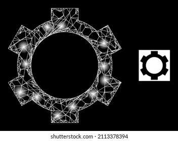 Bright net mesh cog icon with majestic spots. Illuminated constellation generated using cog vector icon and crossed lines. Illuminated frame cog, on a black background.