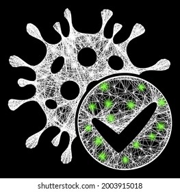 Bright net mesh confirmed coronavirus model with bright dots. Illuminated vector structure created from confirmed coronavirus symbol and crossed white lines. Sparkle frame mesh confirmed coronavirus,