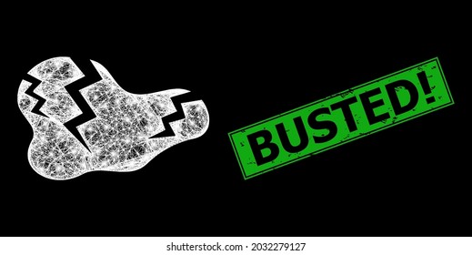 Bright net mesh crack frame with lightspots, and green rectangle dirty Busted Exclamation stamp seal. Constellation vector carcass created from crack pictogram and intersected white lines.