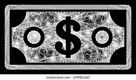 Modelo luminoso de billetes en malla neta en dólares con focos luminosos. Malla vectorial iluminada creada a partir del pictograma de billetes en dólares y líneas blancas interseccionadas. Billete en dólares por cable con marco espumoso,