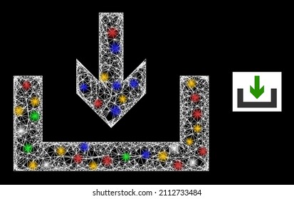 Bright net mesh download box with colored bright dots. Illuminated vector mesh created from download box pictogram. Sparkle constellation mesh download box, on a black backgound.