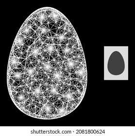 Bright net mesh egg with light spots on a black background. Bright vector model created from egg pictogram, with linear mesh and light dots.