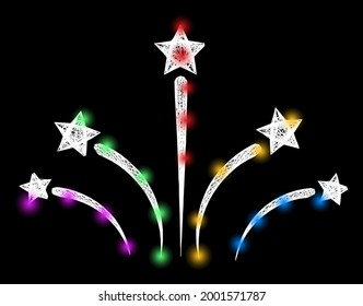 Bright net mesh fireworks framework with bright dots. Constellation vector model created from fireworks pictogram and intersected white lines. Sparkle constellation mesh fireworks,