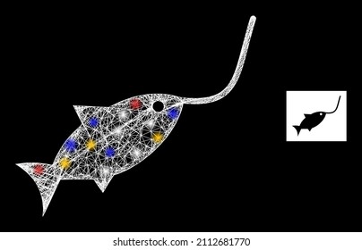 Bright net mesh fishing rope with colored light spots. Illuminated vector carcass created from fishing rope icon. Sparkle carcass mesh fishing rope, on a black backgound.