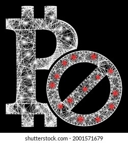 Helles Netzmaschen verbotenes Bitcoin-Modell mit Blitzknoten. Konstellationsvektormodell, erstellt aus verbotenem Bitcoin-Piktogramm und kreuzten weißen Linien. Sparkle-Konstellation mit verbotenem Bitcoin,