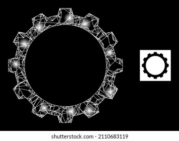 Bright net mesh gear icon with sparkle spots. Illuminated model created using gear vector icon and crossed lines. Bright carcass gear, on a black background.