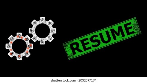 Bright net mesh gear mechanics frame with lightspots, and green rectangle corroded Resume seal imitation. Constellation vector mesh created from gear mechanics pictogram and intersected white lines.
