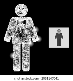 Bright net mesh happy mister with glowing spots on a black background. Illuminated vector mesh is based on happy mister picture, with hatched mesh and lightspots.
