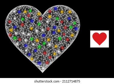 Bright net mesh heart with colored flash nodes. Illuminated vector carcass created from heart symbol. Sparkle carcass mesh heart, on a black backgound.