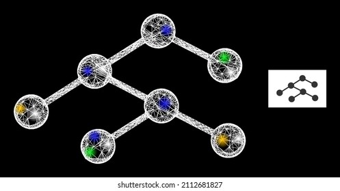 Bright net mesh hierarchy links with vibrant light spots. Illuminated vector mesh created from hierarchy links symbol. Sparkle carcass mesh hierarchy links, on a black backgound.
