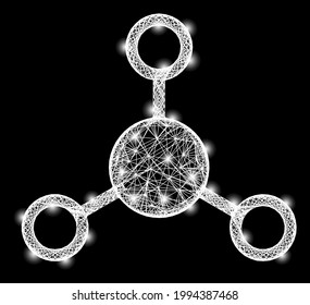 Bright net mesh links frame with bright dots. Illuminated vector structure created from links symbol and crossing white lines. Sparkle frame mesh links, on a black backgound.