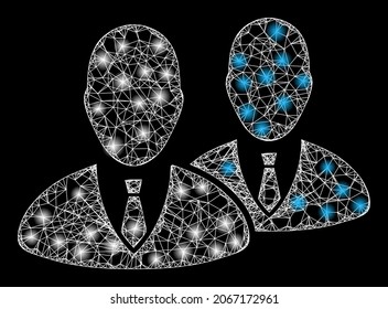 Bright net mesh managers with light spots. Vector frame based on managers icon, and with crossed lines. Glowing frame mesh managers on a black background.