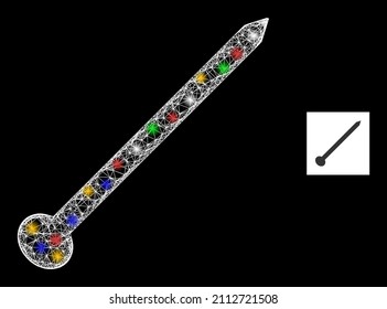 Bright net mesh needle with multicolored glowing spots. Illuminated vector carcass created from needle icon. Sparkle carcass mesh needle, on a black backgound.
