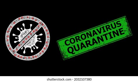 Malla de red brillante sin marco de coronavirus con puntos brillantes, e impresión verde rectangular no limpia de sello de Coronavirus Cuarentena.