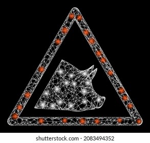 Bright net mesh pork warning with glowing spots. Vector carcass generated from pork warning icon, and from crossed lines. Glowing carcass mesh pork warning on a black background.