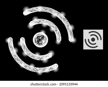 Icono de rotación de la hélice de malla de red brillante con manchas luminosas y malla blanca sobre un fondo negro. La estructura del vector luminoso se basa en el pictograma de rotación de la hélice,