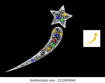 Bright net mesh raising star with vibrant bright dots. Illuminated vector mesh created from raising star pictogram. Sparkle carcass wired raising star, on a black backgound.