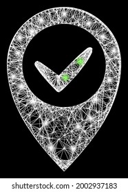 Bright net mesh right place frame with bright dots. Illuminated vector mesh created from right place pictogram and crossing white lines. Sparkle frame wired right place, on a black backgound.