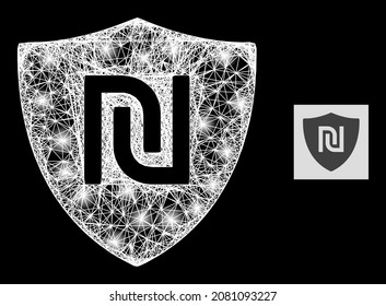 Guardia de la malla de la red brillante con manchas de luz sobre un fondo negro. La estructura vectorial iluminada se crea a partir del símbolo de protección de shekel, con malla lineal y manchas luminosas.