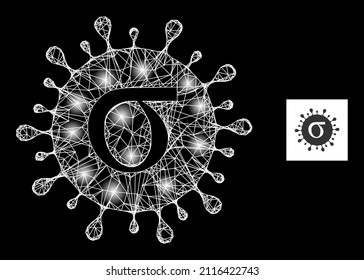 Malla de red brillante Sigma codifica un ícono de virus con puntos iluminados. La constelación iluminada se genera a partir del ícono vector del virus de Sigma covid y líneas interseccionadas. Cárcel brillante Virus Sigma covid,