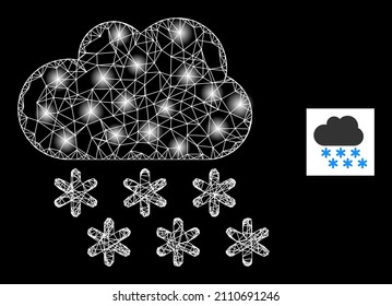 Bright net mesh snow cloud icon with bright spots. Illuminated constellation created from snow cloud vector icon and crossing lines. Illuminated carcass snow cloud, on a black background.