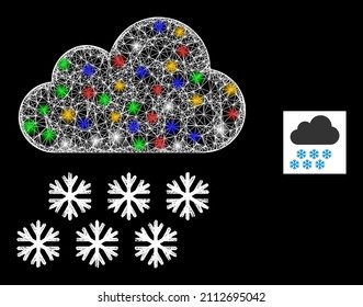 Bright net mesh snow cloud with vibrant flash nodes. Illuminated vector frame created from snow cloud pictogram. Sparkle frame polygonal snow cloud, on a black backgound.