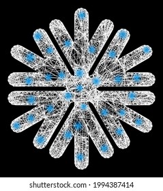 Bright net mesh snowflake model with bright dots. Constellation vector model created from snowflake icon and crossing white lines. Sparkle constellation wired snowflake, on a black backgound.