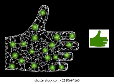 Bright net mesh thumb up icon with bright light spots. Illuminated constellation is generated from thumb up vector icon and crossing lines. Bright carcass thumb up, on a black background.