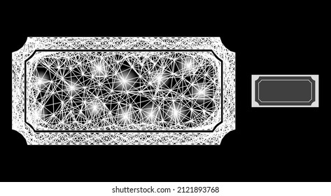Bright net mesh ticket frame with light spots on a black background. Light vector structure based on ticket frame symbol, with hatched net and lightspots.