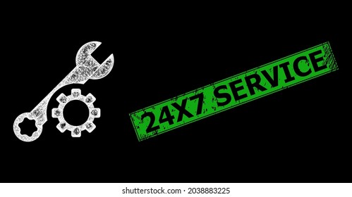 Bright net mesh tuning wrench frame with lightspots, and green rectangle corroded 24X7 Service watermark. Constellation vector frame created from tuning wrench pictogram and crossing white lines.