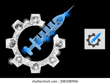 Bright net mesh vaccine industry with glowing spots on a black background. Light vector structure is based on vaccine industry picture, with hatched net and light dots.