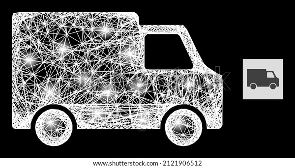Bright net mesh van car with lightspots on a\
black background. Light vector mesh is based on van car pictogram,\
with irregular net and\
lightspots.