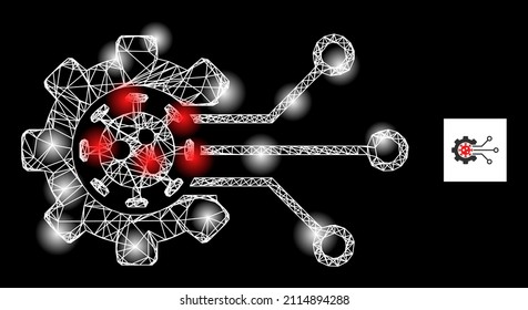 Bright net mesh virus engineering icon with bright spots. Illuminated model created from virus engineering vector icon and intersected lines. Glossy frame virus engineering, on a black background.