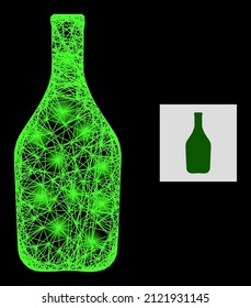 Bright net mesh wine bottle with glowing spots on a black background. Light vector structure is based on wine bottle picture, with irregular net and light spots.