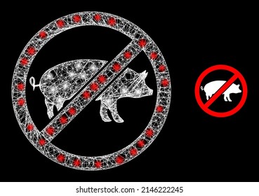 Bright net no pig with glowing spots. Wire frame 2D mesh generated with crossing white lines and no pig icon. White mesh and sparkle frame polygonal no pig on a black background.
