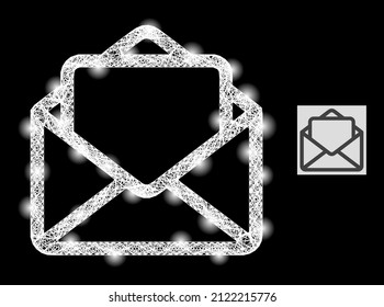 Bright net open letter with light spots on a black background. Light vector mesh is based on open letter pictogram, with linear mesh and light dots.