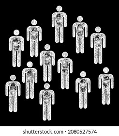 Bright net people crowd with lightspots on a black background. Bright vector mesh is based on people crowd pictogram, with irregular mesh and lightspots.