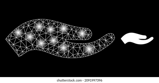 Icono web de la mano de petición de la red brillante con puntos de luz brillantes. La constelación iluminada se crea utilizando un icono de vector de mano de petición. Mano de petición poligonal web de marco iluminado, sobre un fondo negro.